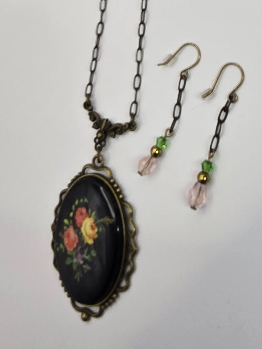 Black Floral Pendant Necklace & Earring Set Handmade Item 58